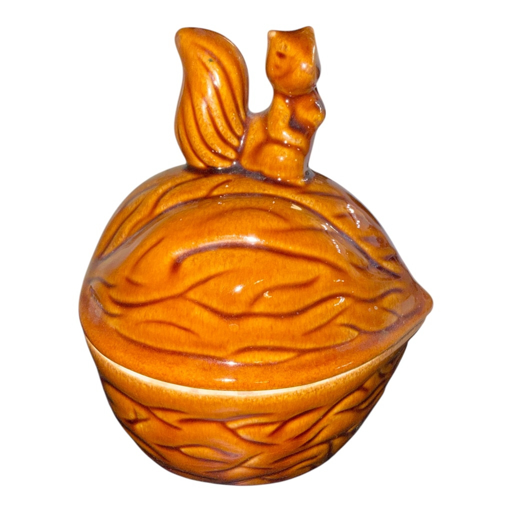 Vintage Ceramic Squirrel Covered Dish, Orange Glazed Trinket Box with Lid, Decor